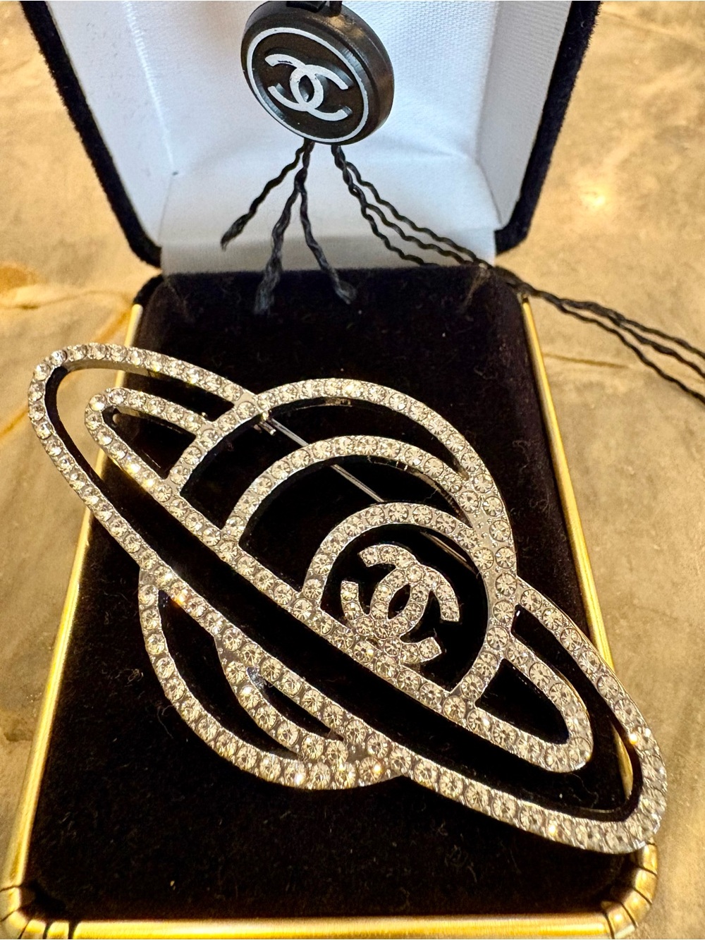 CHANEL Large Rhinestone Galaxy Planet Crystal Brooch White gold Shines Crazy !